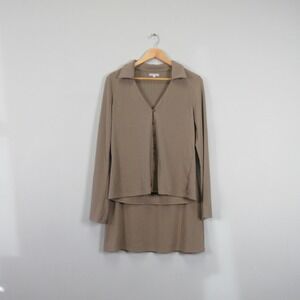 Reformation Mila Taupe Ribbed Knit Collared Button Up Cardigan Skirt Set L Mini